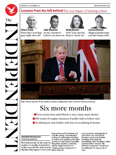 The Independent Newspaper Front Page (UK) for 23 September 2020