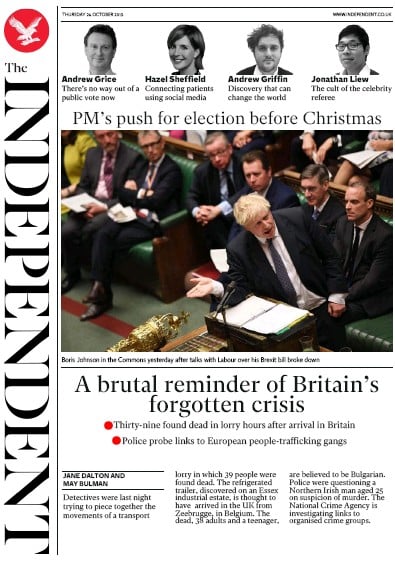 The Independent Newspaper Front Page (UK) for 24 October 2019