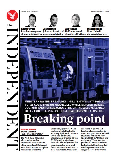 The Independent Newspaper Front Page (UK) for 24 October 2021