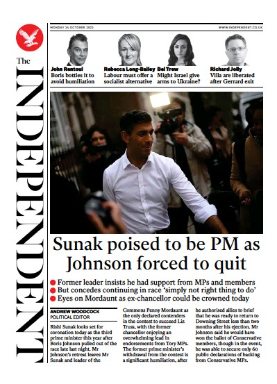 The Independent Newspaper Front Page (UK) for 24 October 2022