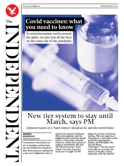 The Independent Newspaper Front Page (UK) for 24 November 2020