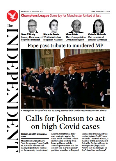 The Independent Newspaper Front Page (UK) for 24 November 2021