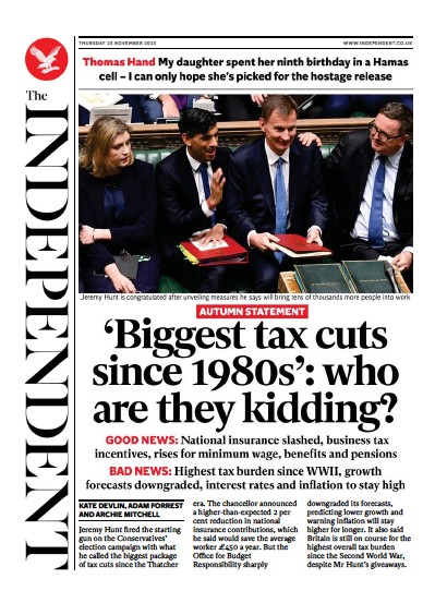 The Independent Newspaper Front Page (UK) for 24 November 2023