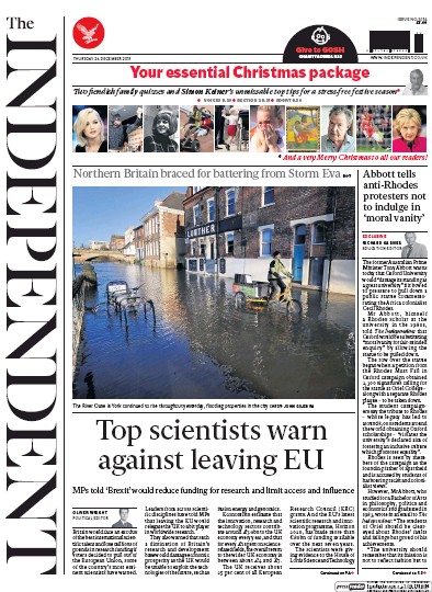 The Independent Newspaper Front Page (UK) for 24 December 2015