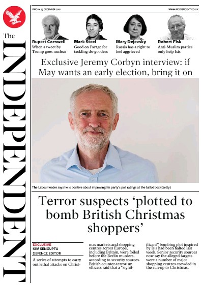 The Independent Newspaper Front Page (UK) for 24 December 2016
