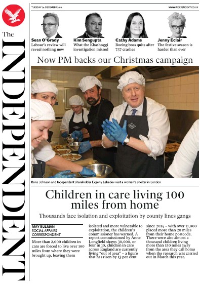 The Independent Newspaper Front Page (UK) for 24 December 2019