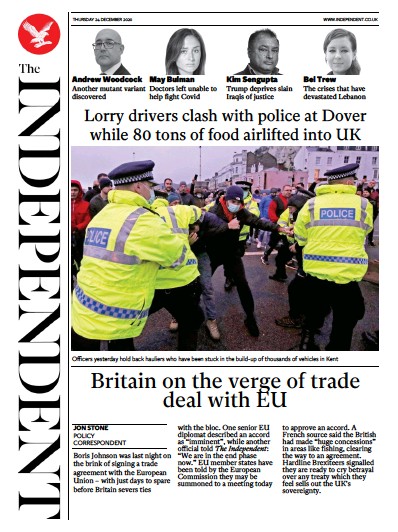 The Independent Newspaper Front Page (UK) for 24 December 2020