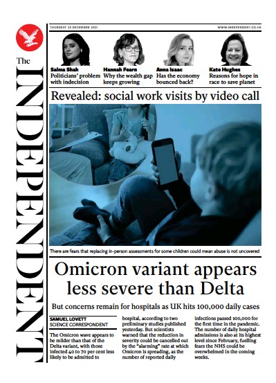 The Independent Newspaper Front Page (UK) for 24 December 2021