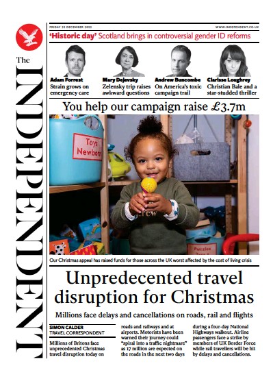 The Independent Newspaper Front Page (UK) for 24 December 2022