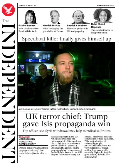The Independent Newspaper Front Page (UK) for 24 January 2019