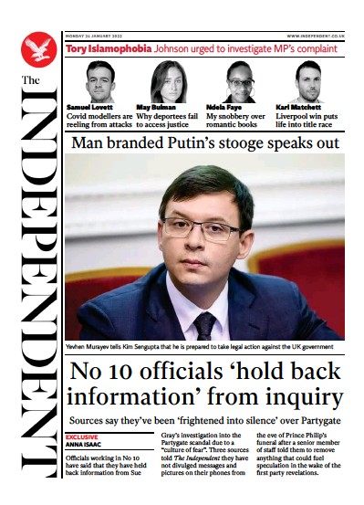 The Independent Newspaper Front Page (UK) for 24 January 2022