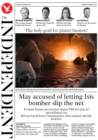 The Independent Newspaper Front Page (UK) for 24 February 2017