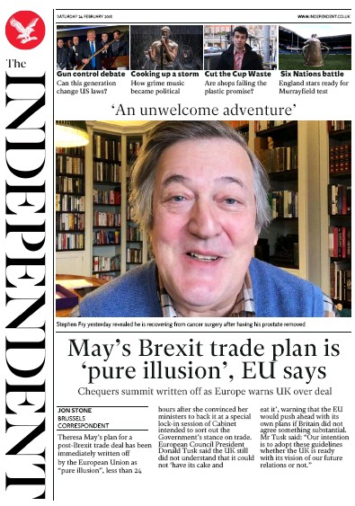 The Independent Newspaper Front Page (UK) for 24 February 2018