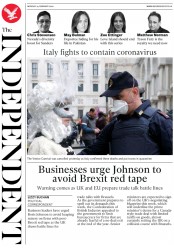 The Independent (UK) Newspaper Front Page for 24 February 2020