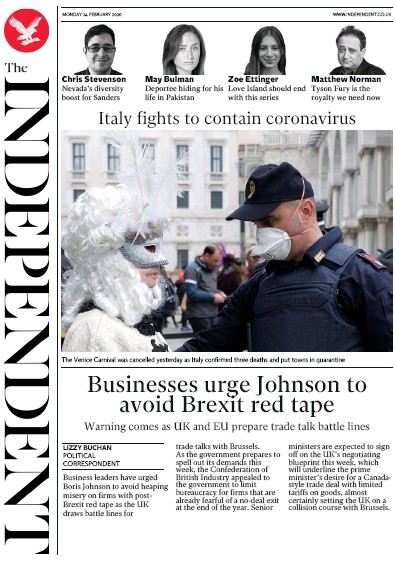 The Independent Newspaper Front Page (UK) for 24 February 2020
