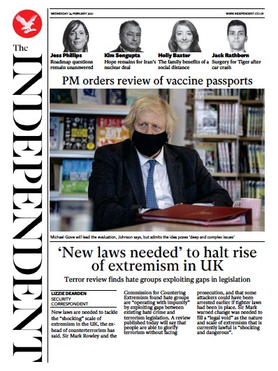 The Independent Newspaper Front Page (UK) for 24 February 2021