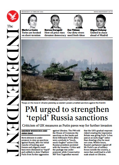 The Independent Newspaper Front Page (UK) for 24 February 2022