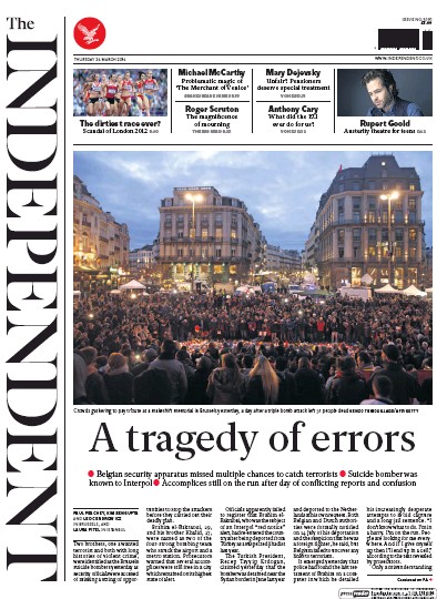 The Independent Newspaper Front Page (UK) for 24 March 2016