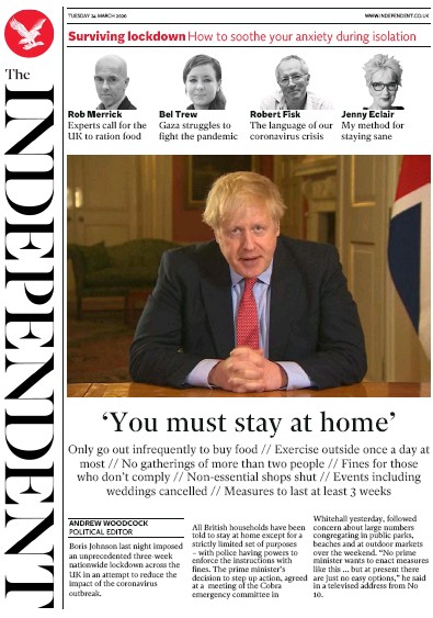 The Independent Newspaper Front Page (UK) for 24 March 2020