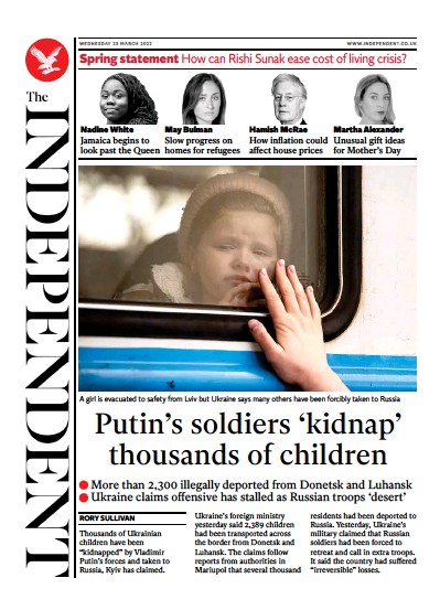 The Independent Newspaper Front Page (UK) for 24 March 2022