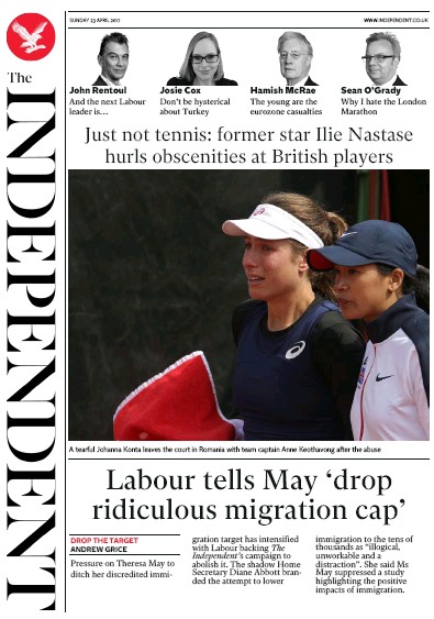 The Independent Newspaper Front Page (UK) for 24 April 2017