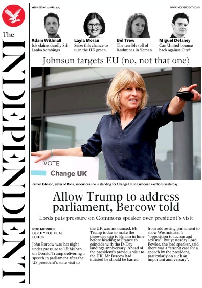 The Independent Newspaper Front Page (UK) for 24 April 2019