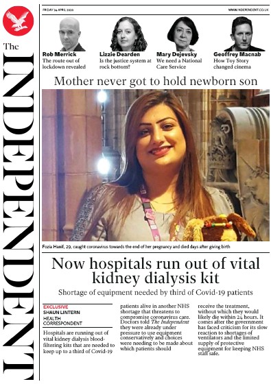 The Independent Newspaper Front Page (UK) for 24 April 2020