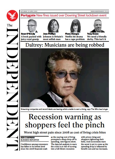 The Independent Newspaper Front Page (UK) for 24 April 2022