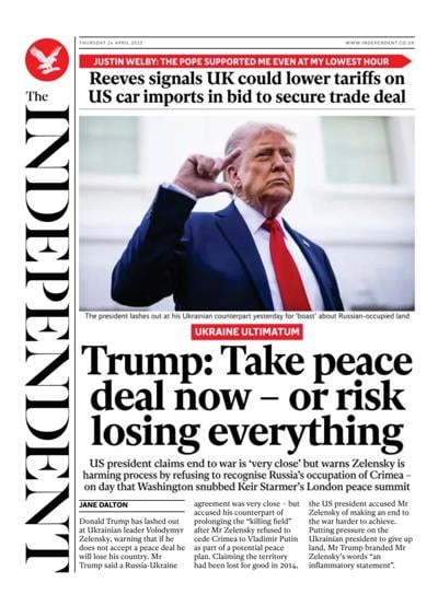 The Independent Newspaper Front Page (UK) for 24 April 2025