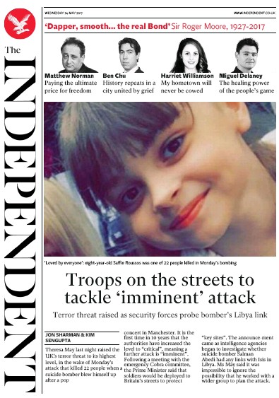 The Independent Newspaper Front Page (UK) for 24 May 2017