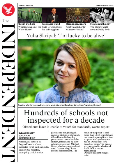 The Independent Newspaper Front Page (UK) for 24 May 2018