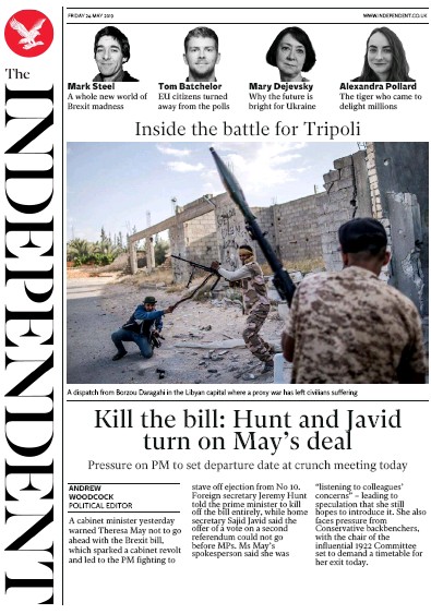 The Independent Newspaper Front Page (UK) for 24 May 2019