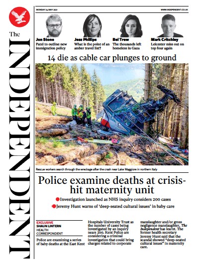 The Independent Newspaper Front Page (UK) for 24 May 2021