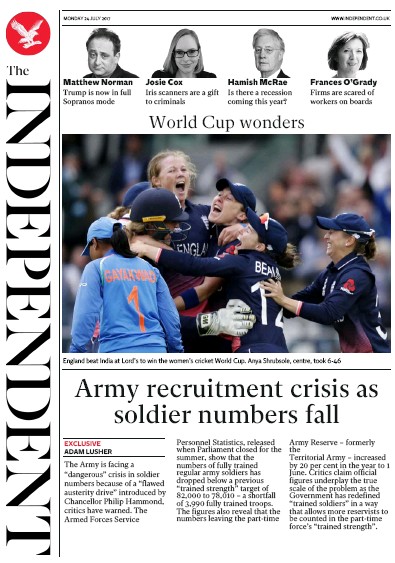 The Independent Newspaper Front Page (UK) for 24 July 2017