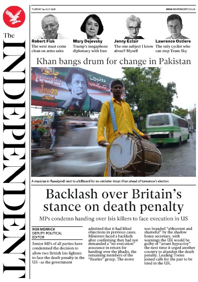 The Independent Newspaper Front Page (UK) for 24 July 2018