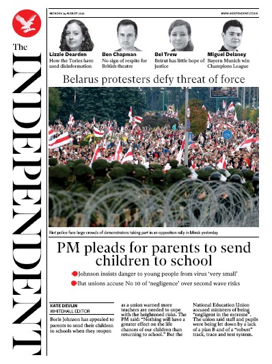The Independent Newspaper Front Page (UK) for 24 August 2020