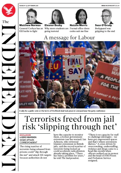 The Independent Newspaper Front Page (UK) for 24 September 2018