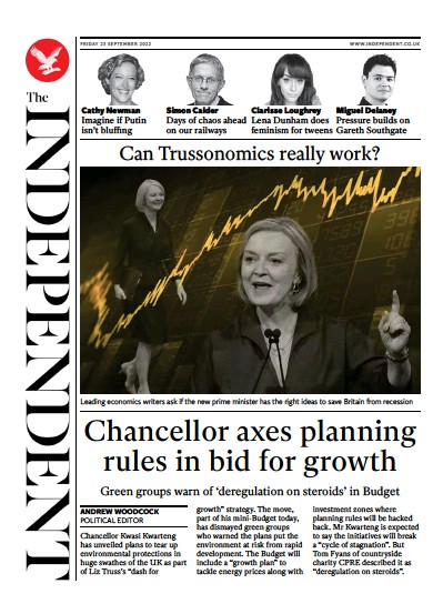 The Independent Newspaper Front Page (UK) for 24 September 2022
