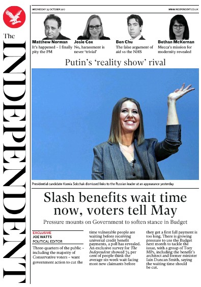 The Independent Newspaper Front Page (UK) for 25 October 2017