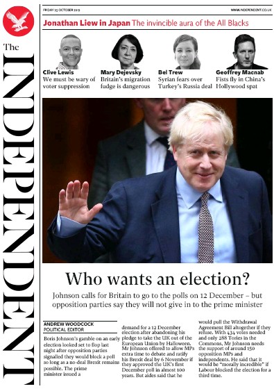 The Independent Newspaper Front Page (UK) for 25 October 2019
