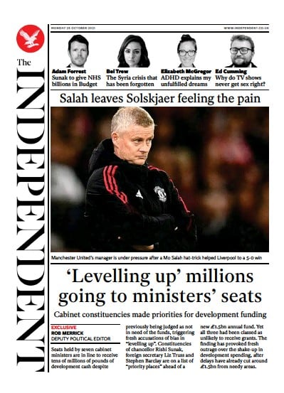 The Independent Newspaper Front Page (UK) for 25 October 2021