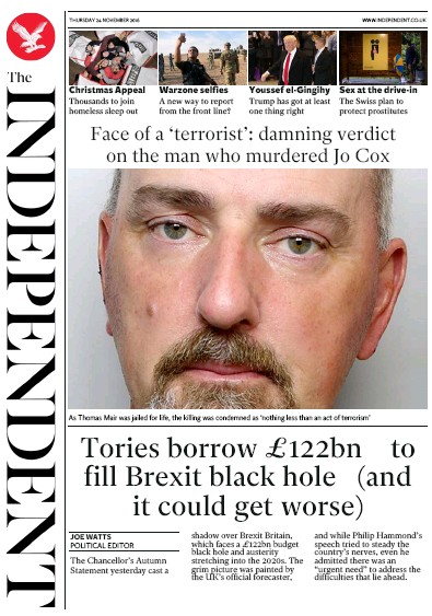 The Independent Newspaper Front Page (UK) for 25 November 2016