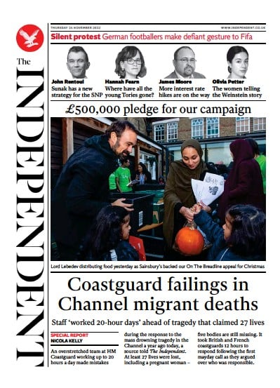 The Independent Newspaper Front Page (UK) for 25 November 2022