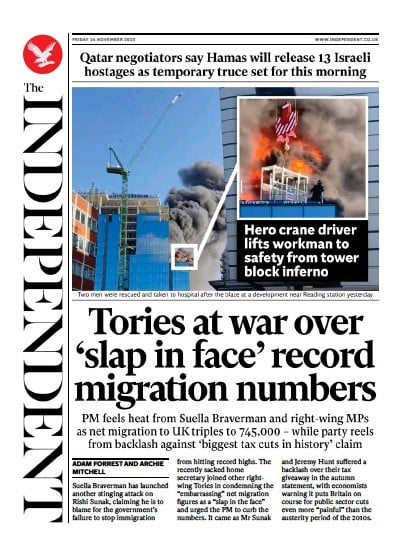 The Independent Newspaper Front Page (UK) for 25 November 2023