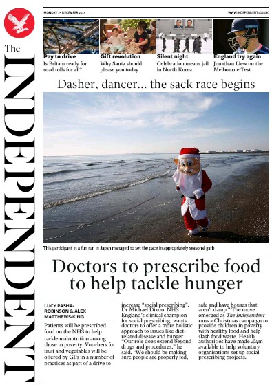 The Independent Newspaper Front Page (UK) for 25 December 2017