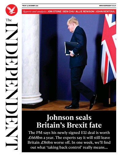 The Independent Newspaper Front Page (UK) for 25 December 2020