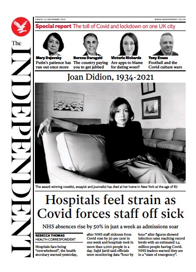 The Independent Newspaper Front Page (UK) for 25 December 2021