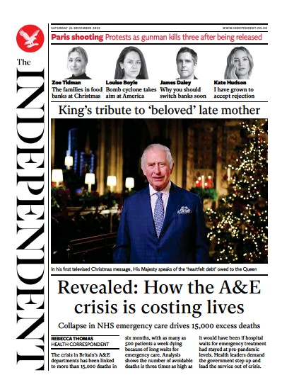 The Independent Newspaper Front Page (UK) for 25 December 2022