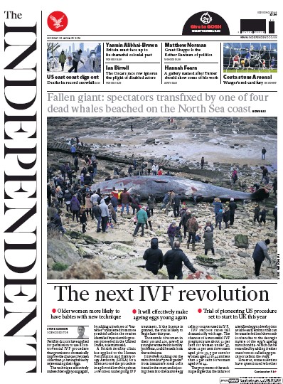 The Independent Newspaper Front Page (UK) for 25 January 2016