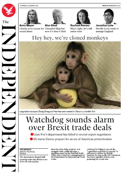 The Independent Newspaper Front Page (UK) for 25 January 2018